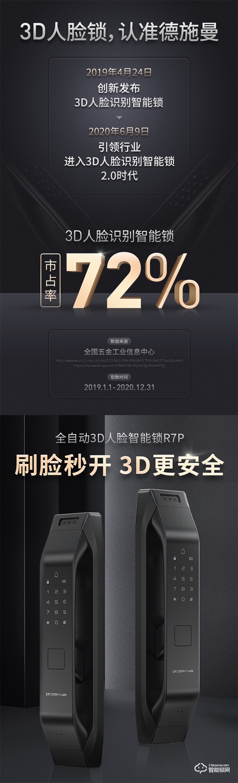 鲅鱼圈区德施曼R7P 密码锁家用防盗门3D人脸识别智能锁