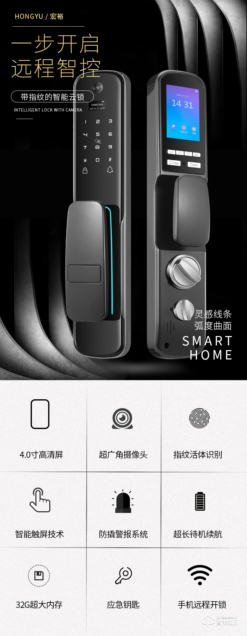 中国台湾宏裕智能锁 全自动密码锁可视智能锁