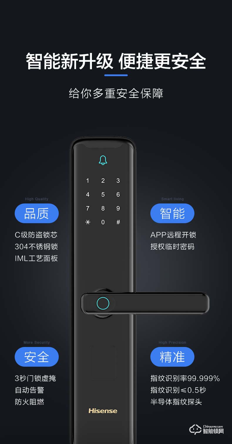中山海信智能锁 SL868智能指纹锁家用防盗电子密码门锁