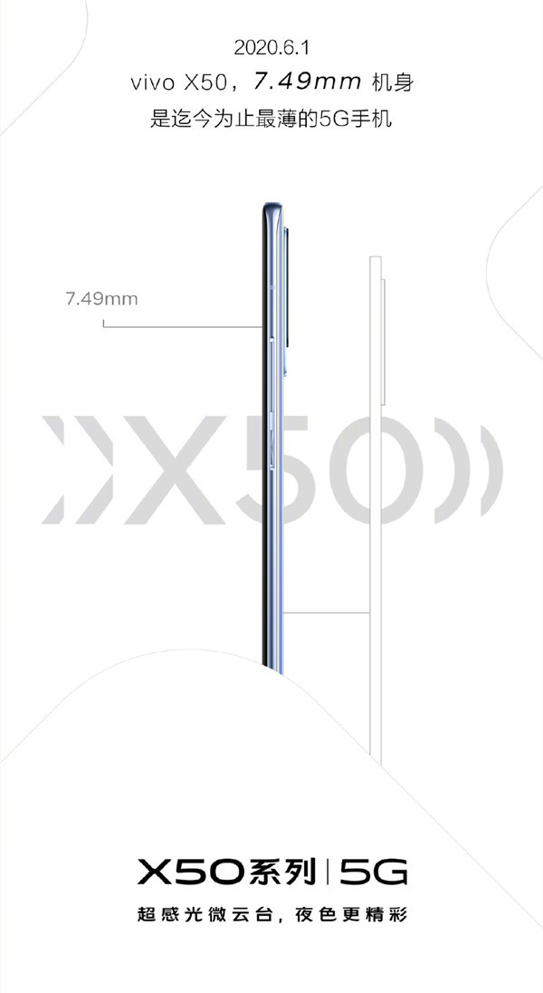 vivo  X50只有7.49毫米厚，是目前为止最薄的5G手机。  第1张
