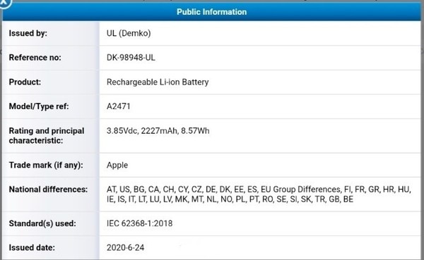 IPhone  12系列电池最大曝光量为3687mAh，最小曝光量为2227mAh。  第1张
